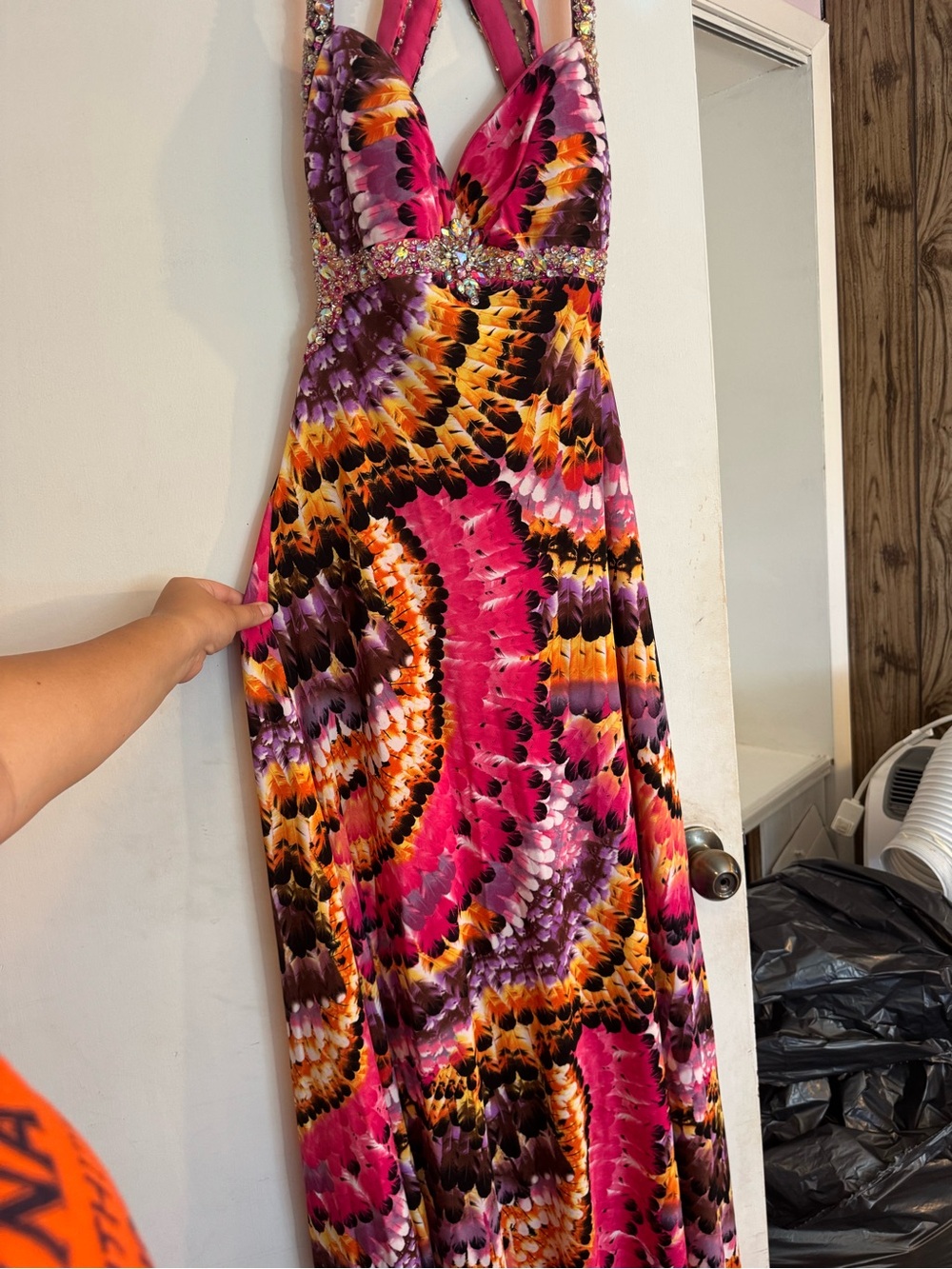 Pink Multi-Color Halter Maxi Dress with Embellished Waist